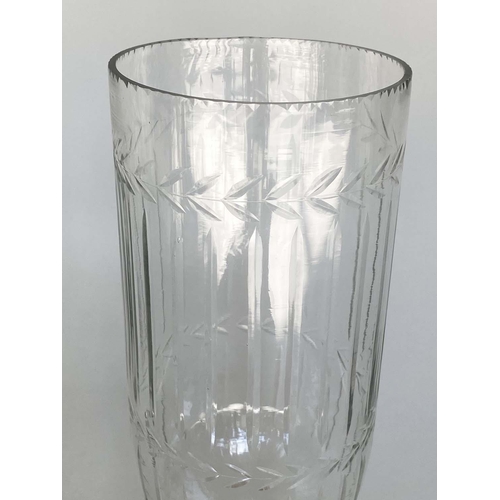 352 - HURRICANE LANTERNS, a pair, cut glass cylindrical with engraved detail and stepped base, 40cm H. (2)