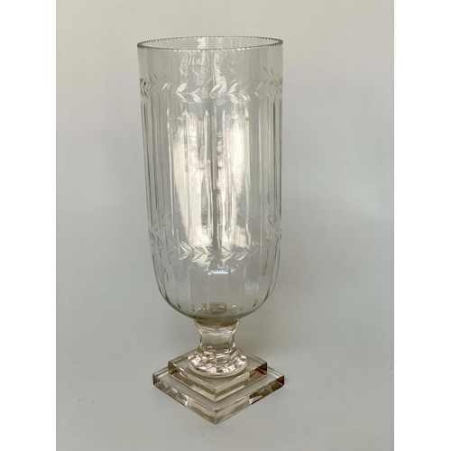 352 - HURRICANE LANTERNS, a pair, cut glass cylindrical with engraved detail and stepped base, 40cm H. (2)