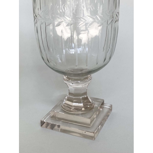 352 - HURRICANE LANTERNS, a pair, cut glass cylindrical with engraved detail and stepped base, 40cm H. (2)