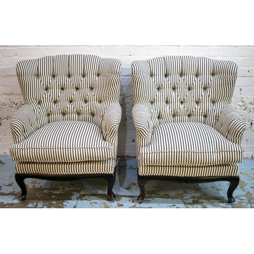 250 - ARMCHAIRS, 90cm H x 77cm W, a pair, ebonised and ticking upholstered. (2)