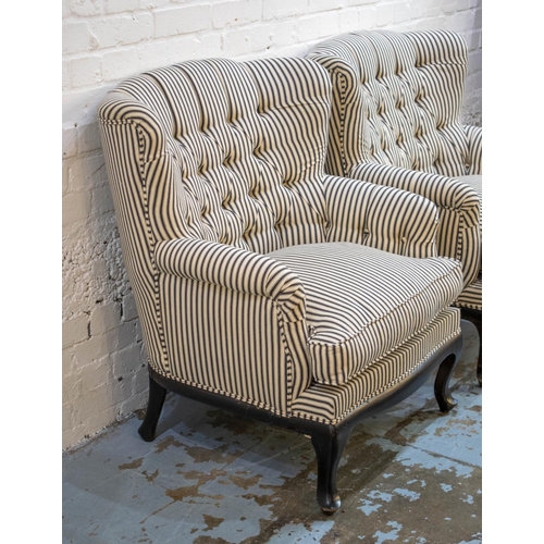 250 - ARMCHAIRS, 90cm H x 77cm W, a pair, ebonised and ticking upholstered. (2)