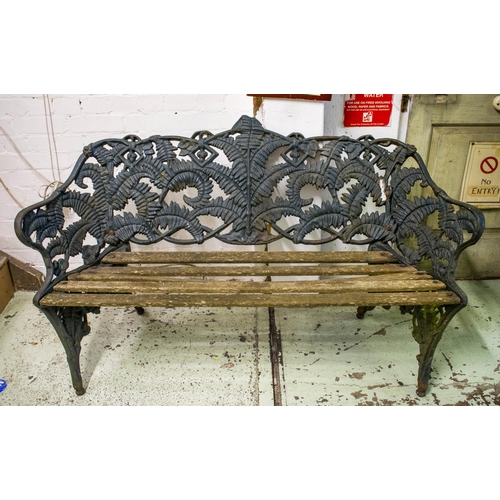 299 - GARDEN BENCH, 86cm H x 150cm W, 19th century Coalbrookdale Fern design cast iron with slatted wood s... 