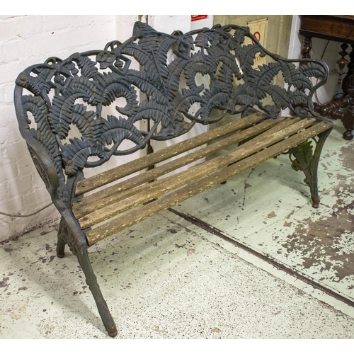 299 - GARDEN BENCH, 86cm H x 150cm W, 19th century Coalbrookdale Fern design cast iron with slatted wood s... 