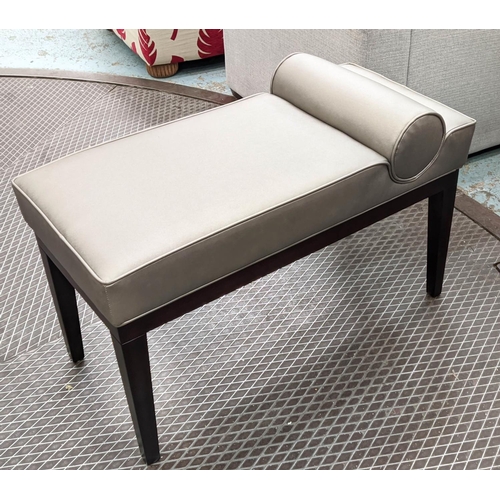 374 - WINDOW SEAT, grey fabric upholstered with bolster cushion detail, 87cm W x 42cm D x 56cm H.