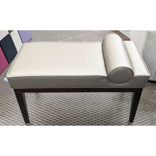 374 - WINDOW SEAT, grey fabric upholstered with bolster cushion detail, 87cm W x 42cm D x 56cm H.