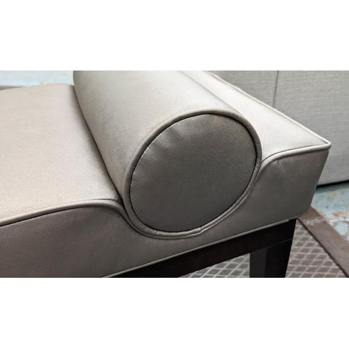 374 - WINDOW SEAT, grey fabric upholstered with bolster cushion detail, 87cm W x 42cm D x 56cm H.