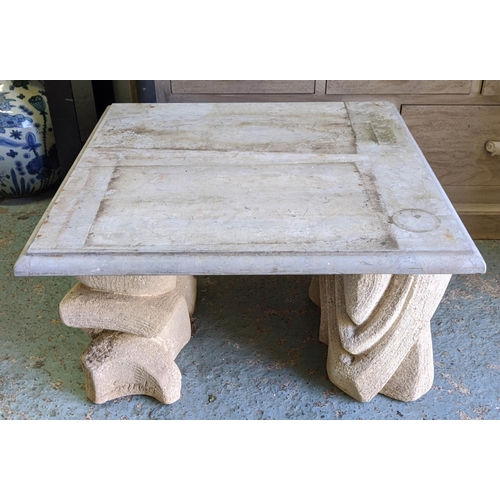 505 - GIANDOMENICO SANDRI TABLE BASES, a pair, with additional differing stone top, 43cm x 65cm x 65cm.