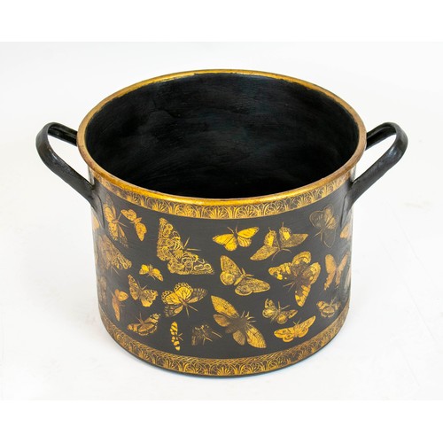 204 - BUTTERFLIES POT, 32cm H x 56cm W x 42cm D, black painted metal with Lepidoptera decoupage.