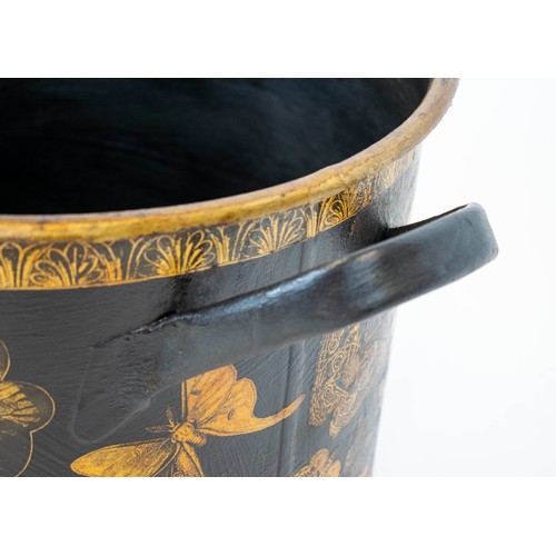 204 - BUTTERFLIES POT, 32cm H x 56cm W x 42cm D, black painted metal with Lepidoptera decoupage.