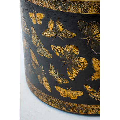 204 - BUTTERFLIES POT, 32cm H x 56cm W x 42cm D, black painted metal with Lepidoptera decoupage.