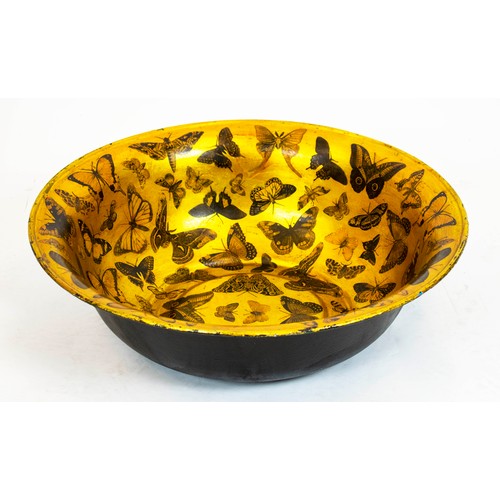 206 - BUTTERFLIES BOWL, 18cm H x 60c m D, gilt and black painted metal with Lepidoptera decoupage.