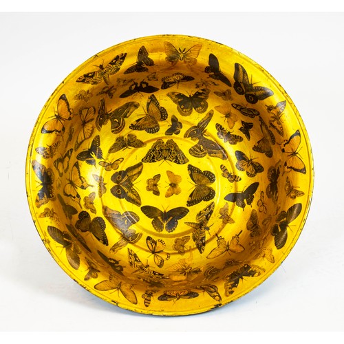 206 - BUTTERFLIES BOWL, 18cm H x 60c m D, gilt and black painted metal with Lepidoptera decoupage.