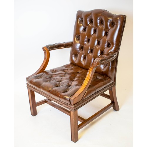 260 - GAINSBOROUGH STYLE ARMCHAIR, 99cm H x 71cm W, Georgian design mahogany and brown leather.