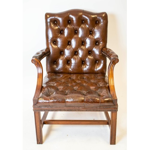 260 - GAINSBOROUGH STYLE ARMCHAIR, 99cm H x 71cm W, Georgian design mahogany and brown leather.