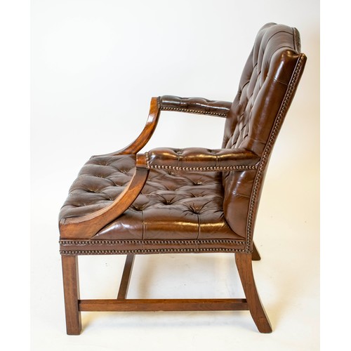 260 - GAINSBOROUGH STYLE ARMCHAIR, 99cm H x 71cm W, Georgian design mahogany and brown leather.