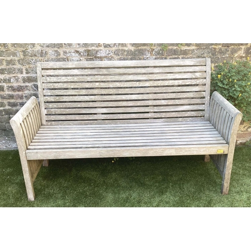 175 - GARDEN BENCH, weathered teak with horizontal slat back and seat and downswept arms by 'Trinity', 162... 