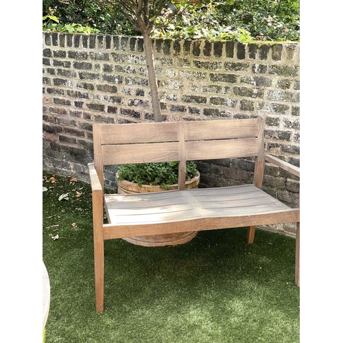 183 - GARDEN BENCH BY ALEXANDER ROSE, weathered teak of contemporary outline and small proportions by Alex... 