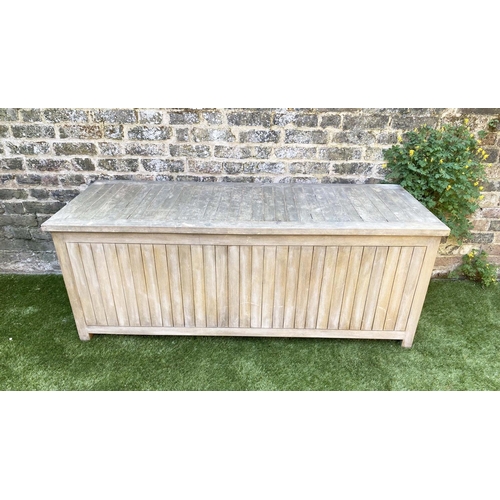 186 - GARDEN STORAGE BOX, rectangular planked teak waterproof with hydraulic hinged rising lid by 'Loravil... 