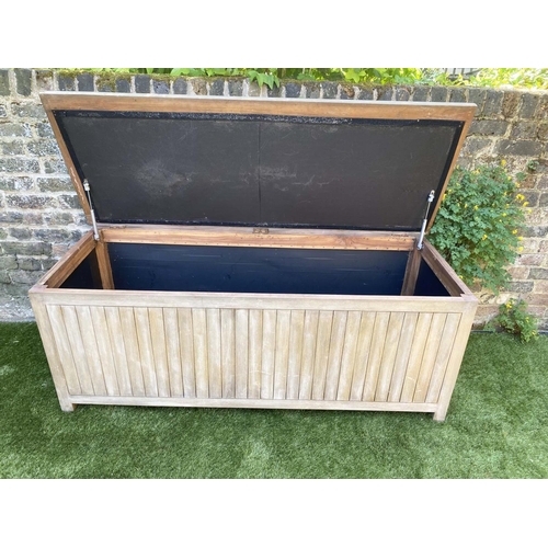 186 - GARDEN STORAGE BOX, rectangular planked teak waterproof with hydraulic hinged rising lid by 'Loravil... 