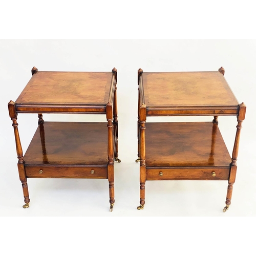 153 - LAMP TABLES, a pair, George III design burr walnut and crossbanded with two tiers and drawer, 46cm x... 