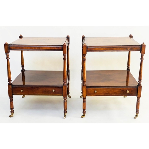 153 - LAMP TABLES, a pair, George III design burr walnut and crossbanded with two tiers and drawer, 46cm x... 