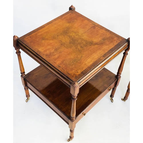 153 - LAMP TABLES, a pair, George III design burr walnut and crossbanded with two tiers and drawer, 46cm x... 