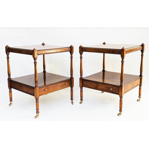 153 - LAMP TABLES, a pair, George III design burr walnut and crossbanded with two tiers and drawer, 46cm x... 