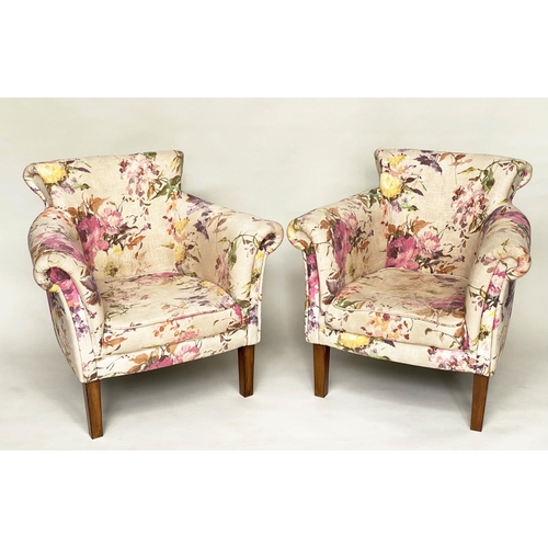 158 - TUB ARMCHAIRS, a pair, with bow backs and Country House style printed linen upholstery and tapering ... 