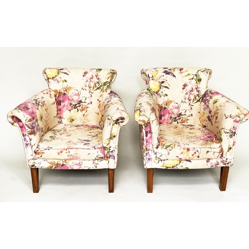 158 - TUB ARMCHAIRS, a pair, with bow backs and Country House style printed linen upholstery and tapering ... 