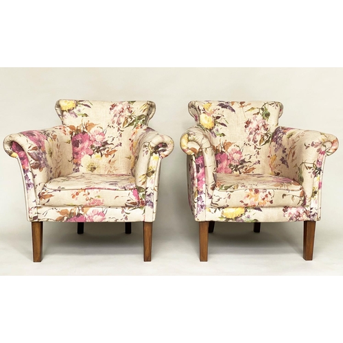 158 - TUB ARMCHAIRS, a pair, with bow backs and Country House style printed linen upholstery and tapering ... 