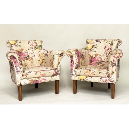 158 - TUB ARMCHAIRS, a pair, with bow backs and Country House style printed linen upholstery and tapering ... 