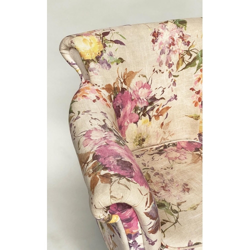 158 - TUB ARMCHAIRS, a pair, with bow backs and Country House style printed linen upholstery and tapering ... 