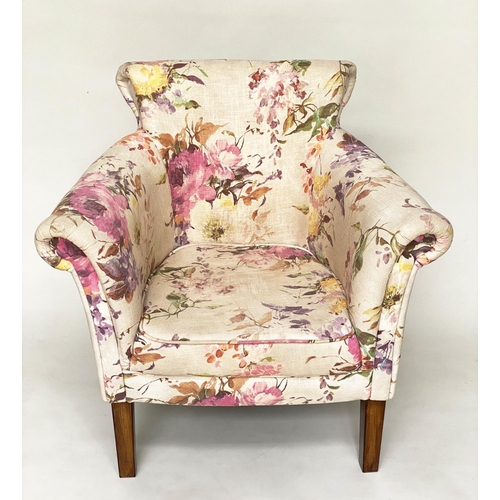 158 - TUB ARMCHAIRS, a pair, with bow backs and Country House style printed linen upholstery and tapering ... 