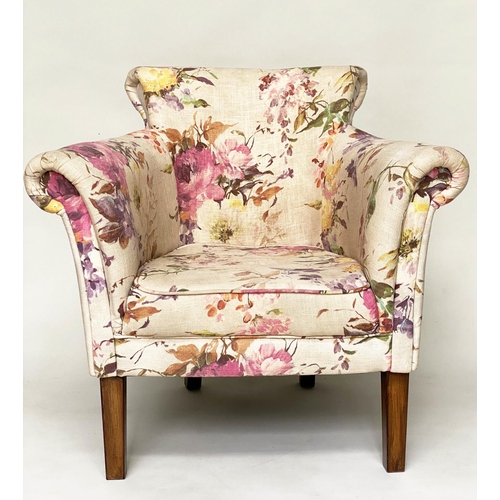 158 - TUB ARMCHAIRS, a pair, with bow backs and Country House style printed linen upholstery and tapering ... 