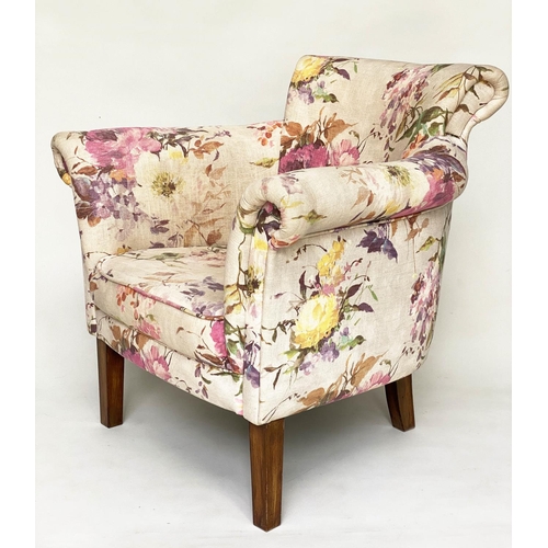 158 - TUB ARMCHAIRS, a pair, with bow backs and Country House style printed linen upholstery and tapering ... 