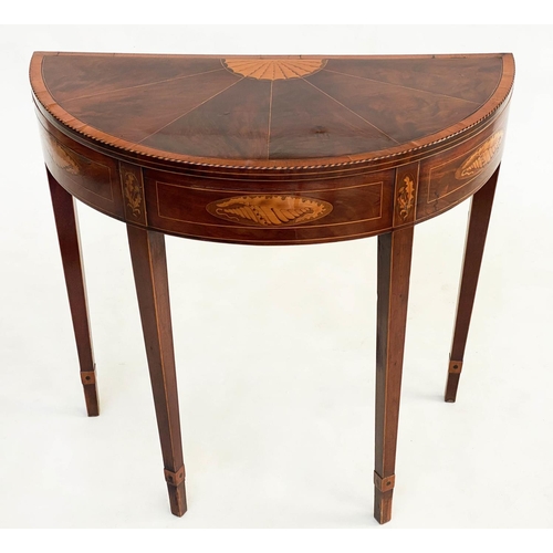 269 - CARD TABLE, George III figured mahogany and satinwood demilune with foldover baize top with sunburst... 