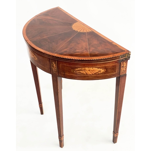 269 - CARD TABLE, George III figured mahogany and satinwood demilune with foldover baize top with sunburst... 