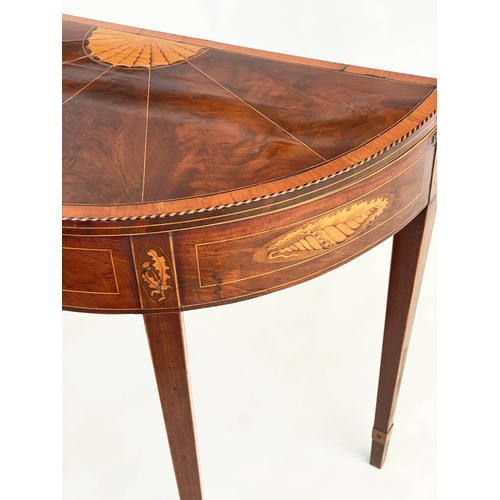 269 - CARD TABLE, George III figured mahogany and satinwood demilune with foldover baize top with sunburst... 