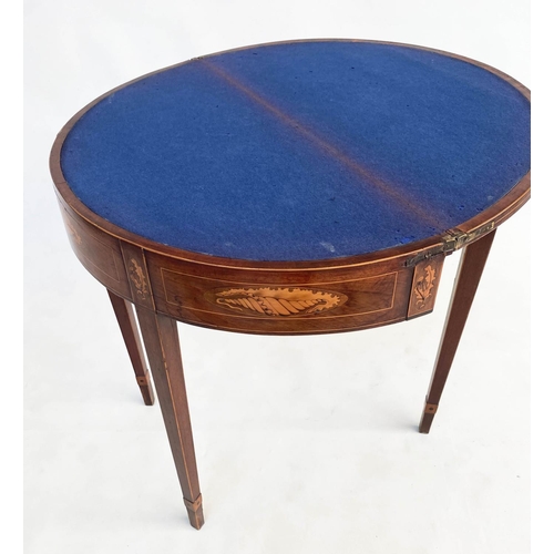 269 - CARD TABLE, George III figured mahogany and satinwood demilune with foldover baize top with sunburst... 