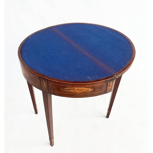 269 - CARD TABLE, George III figured mahogany and satinwood demilune with foldover baize top with sunburst... 