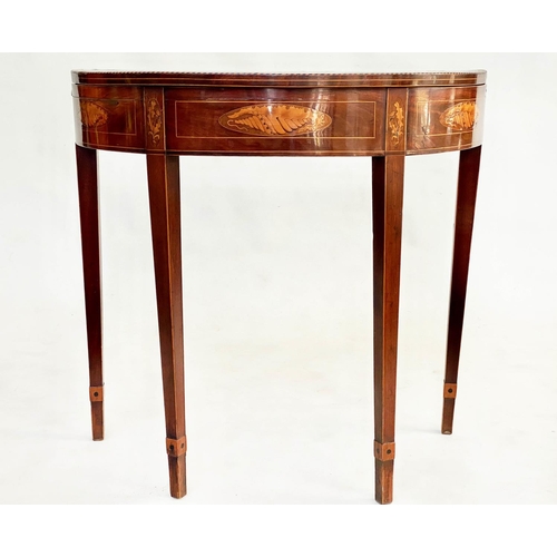 269 - CARD TABLE, George III figured mahogany and satinwood demilune with foldover baize top with sunburst... 