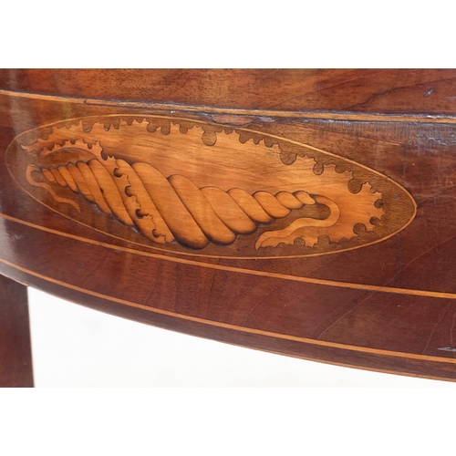 269 - CARD TABLE, George III figured mahogany and satinwood demilune with foldover baize top with sunburst... 