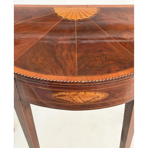 269 - CARD TABLE, George III figured mahogany and satinwood demilune with foldover baize top with sunburst... 