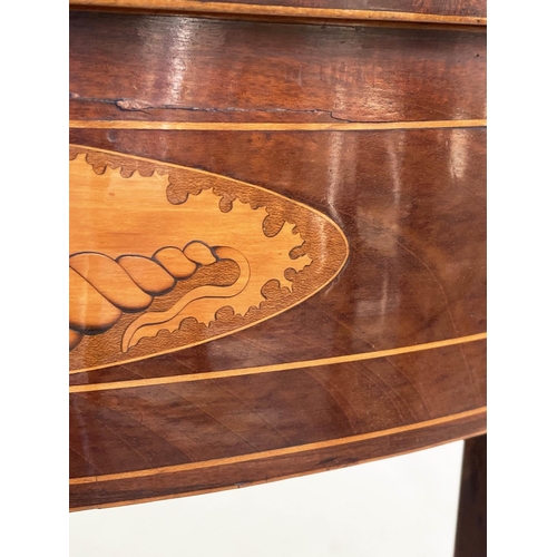 269 - CARD TABLE, George III figured mahogany and satinwood demilune with foldover baize top with sunburst... 