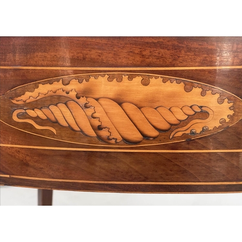 269 - CARD TABLE, George III figured mahogany and satinwood demilune with foldover baize top with sunburst... 