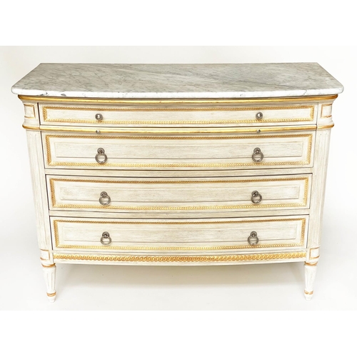 275 - COMMODE, French Louis XVI style grey painted and parcel gilt with four long drawers and slide with f... 