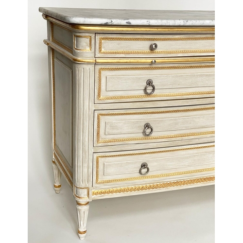 275 - COMMODE, French Louis XVI style grey painted and parcel gilt with four long drawers and slide with f... 