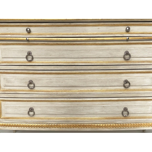 275 - COMMODE, French Louis XVI style grey painted and parcel gilt with four long drawers and slide with f... 