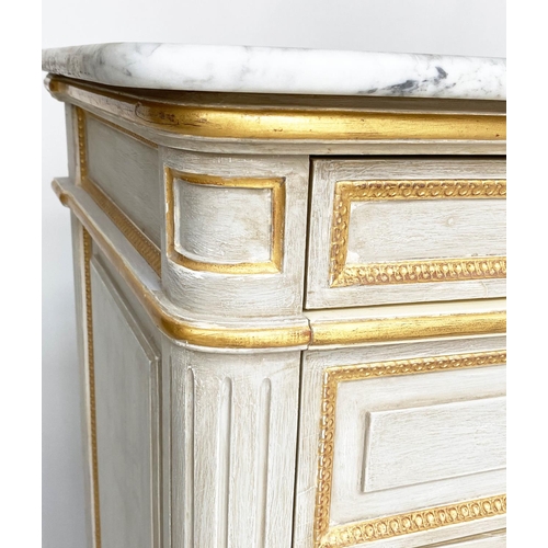 275 - COMMODE, French Louis XVI style grey painted and parcel gilt with four long drawers and slide with f... 