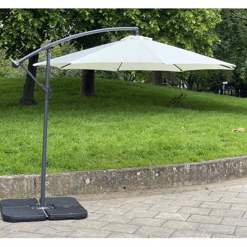 354 - SUN UMBRELLA, circular cream canvas retractable wind up with frame and weights, 300cm W. (6)